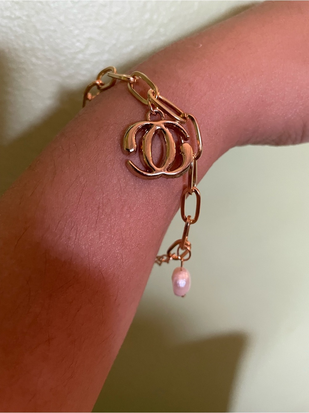 Gold Charm Paperclip Bracelet with Red Crystal, Pearl Accent and Chanel charm
